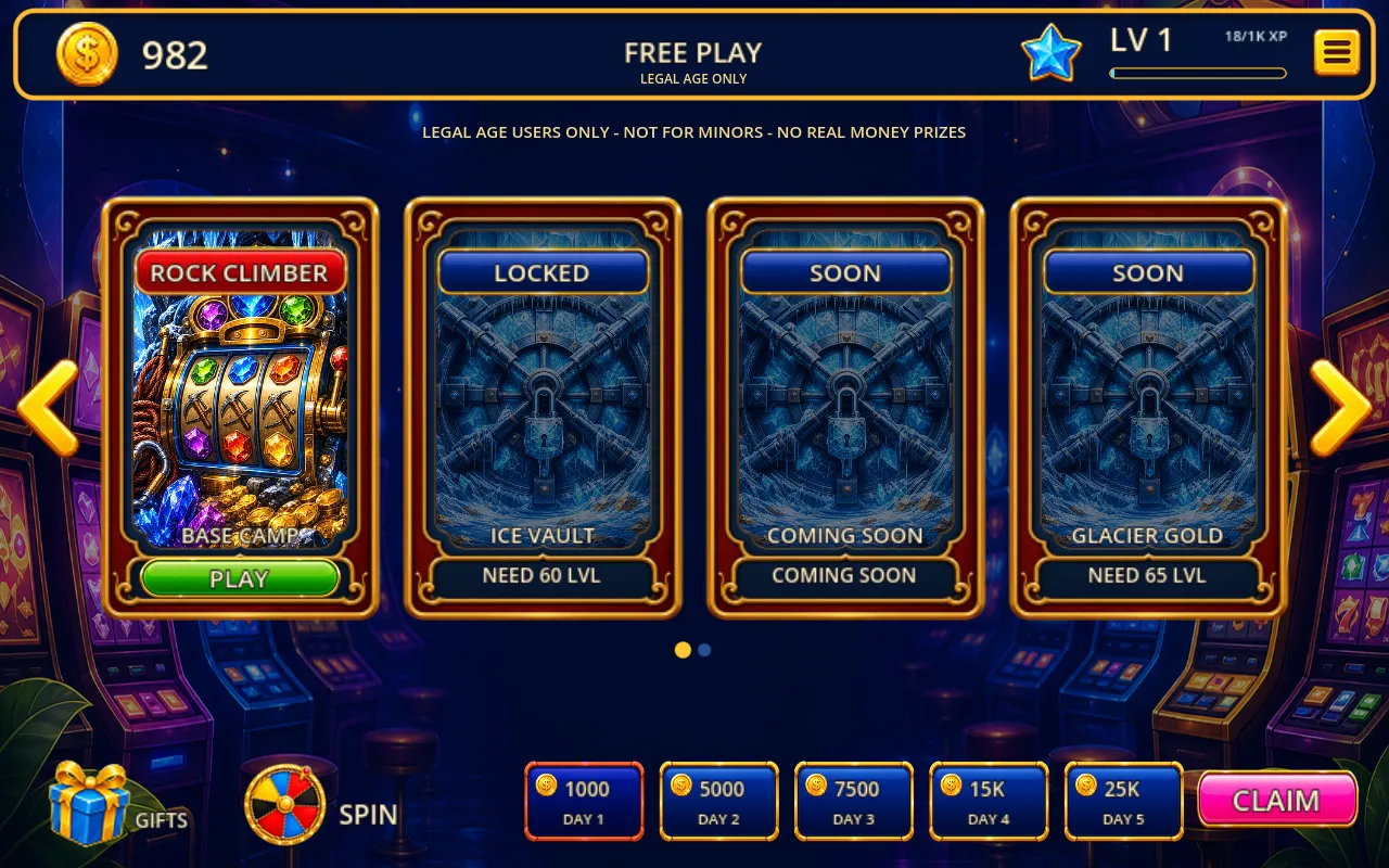 Summit Slots lobby with slot rooms and daily rewards